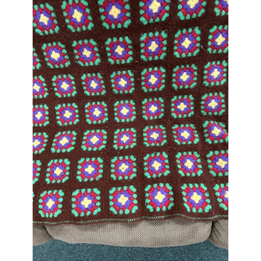Vtg 70s Brown Multicolor Flower Square Afghan Blanket Granny Crochet Throw 48x60
